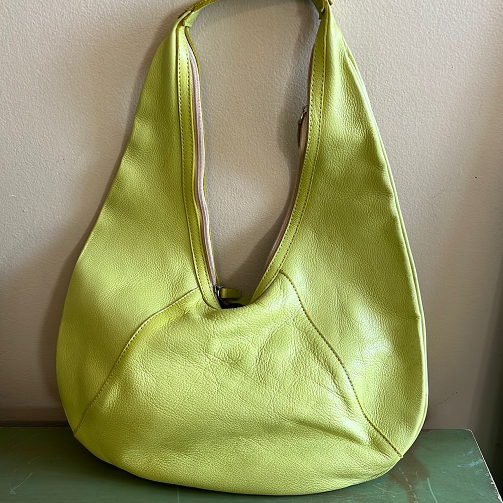 Crescent shoulder hobo genuine leather lime green yellow made Columbia BV style